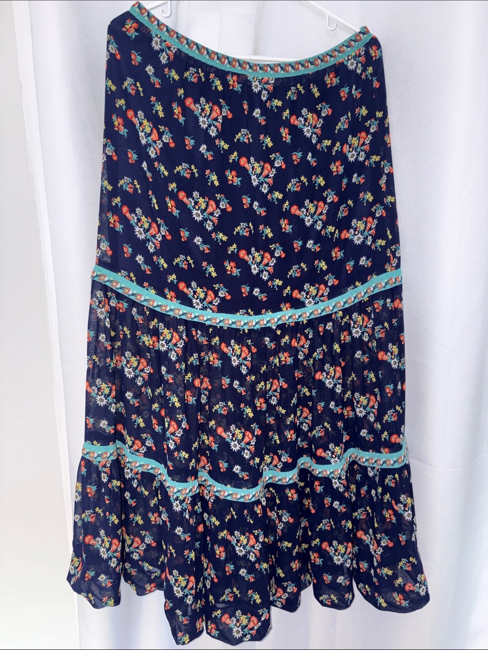 Floral peasant tiered Maxi Skirt with Aqua Trim